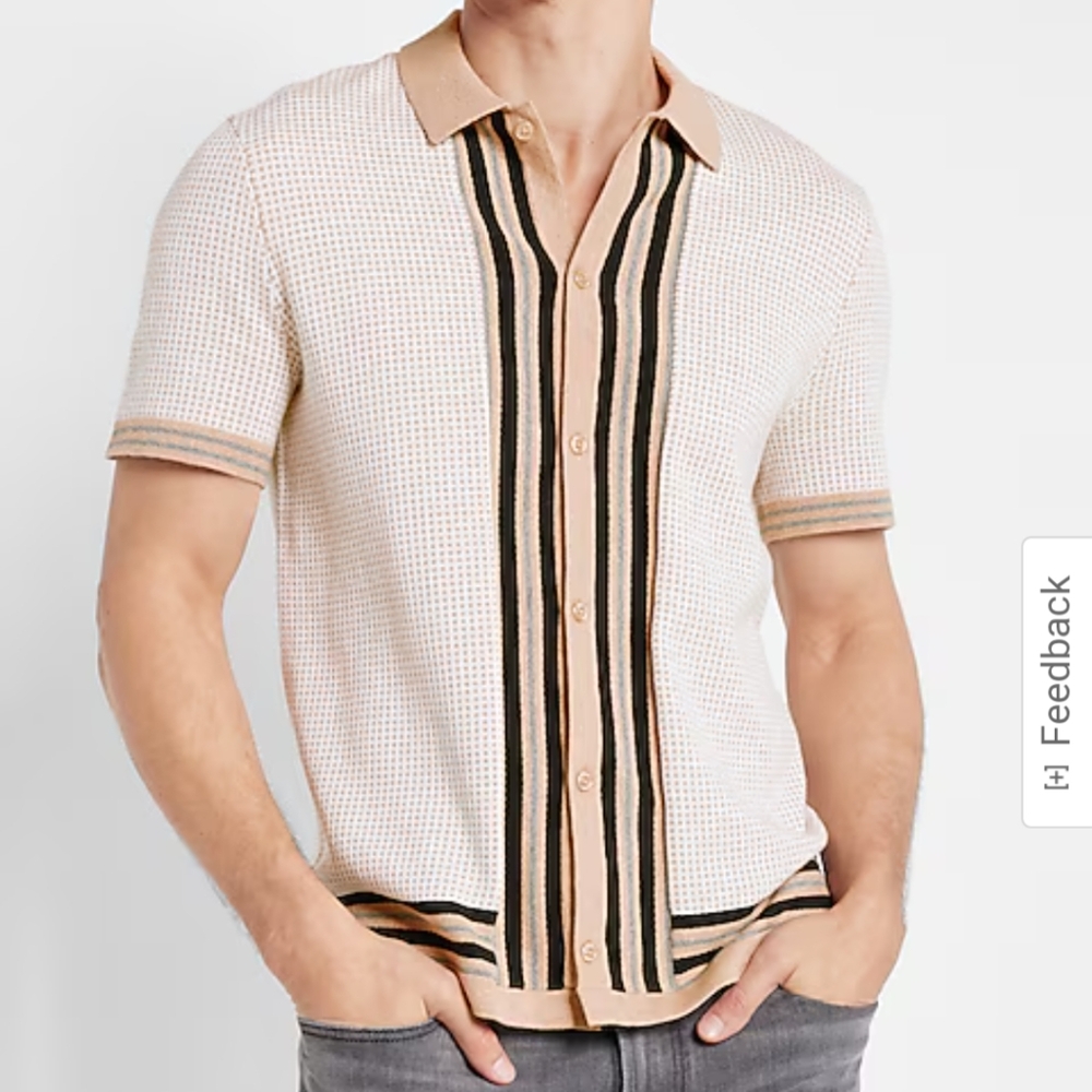 Express Men's Button Up Shirt Knit Cream and Tan Short Sleeve Size Medium Preppy